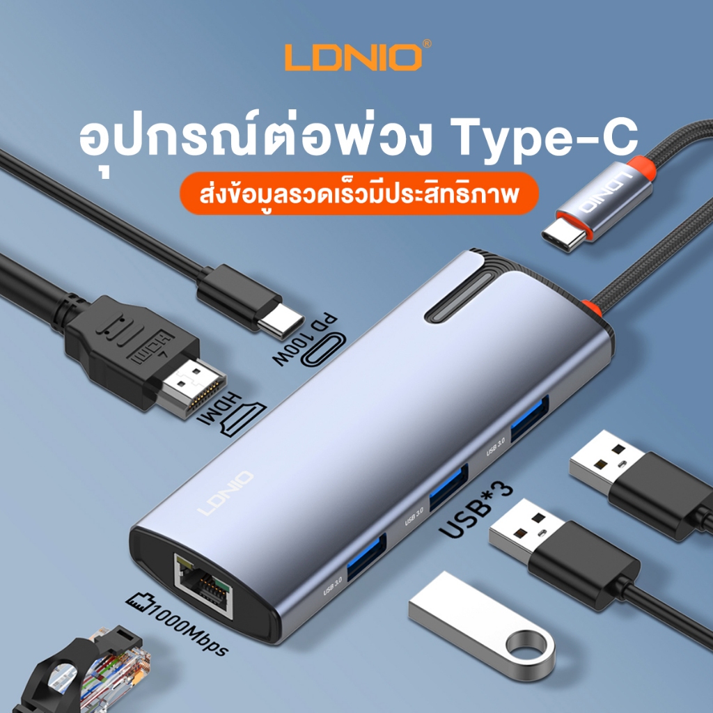 มาใหม่ LDNIO 6-in-1 ฮับ USB Type-C แปลงเป็น PD3.0 HDMI USB3.0 RJ45 100W สําหรับ โน๊ตบุ๊ค MacBook Pro Air Dell HP
