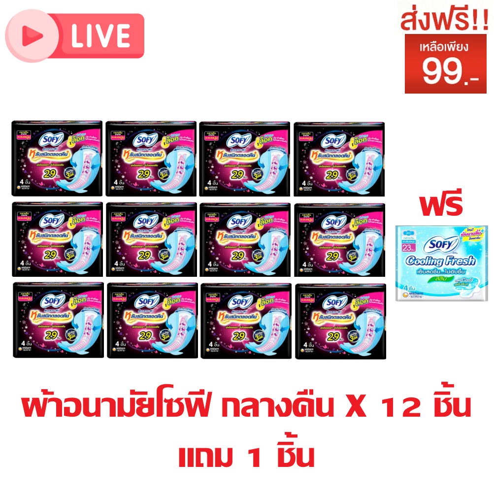 LIC 🌈 ส่งฟรี 🌈 Sofy ผ้าอนามัย กลางวัน กลางคืน โซฟี แบบกระชับ หนานุ่ม มีปีก ห่อละ4ชิ้น (ยกแพค 12ห่อ แถม 1)