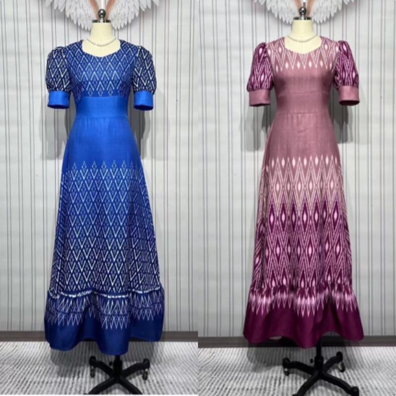 Love Lady 💥เดรสลายไทยสวยๆๆพิมพ์ลายตามแบบ สีน้ำเงิน รม ชมพู แพ็ทเทิ้ลเป๊ะปัง ชุดไทยประยุกต์ ผ้าดีมาก เดรสผ้าไท