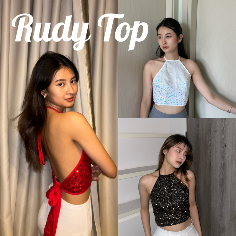 Renna | Rudy Top เสื้อครอป สายเดี่ยวปักเลื่อม ผูกคอ ผูกเอว (พร้อมส่ง)