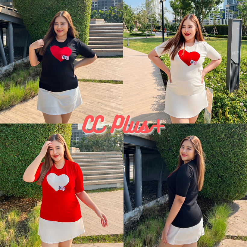 2ชิ้นลด50% (3221-1) เสื้อยืดคอกลมแขนสั้น ดีเทลปักหัวใจด้านหน้า สไตล์เกาหลี เหมาะสำหรับพลัสไซส์ วาเลนไทน์