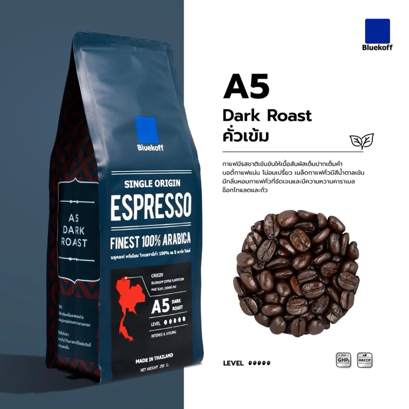 Bluekoff A5 เมล็ดกาแฟ ไทยอาราบิก้า คั่วเข้ม (Dark Roast) 250 กรัม