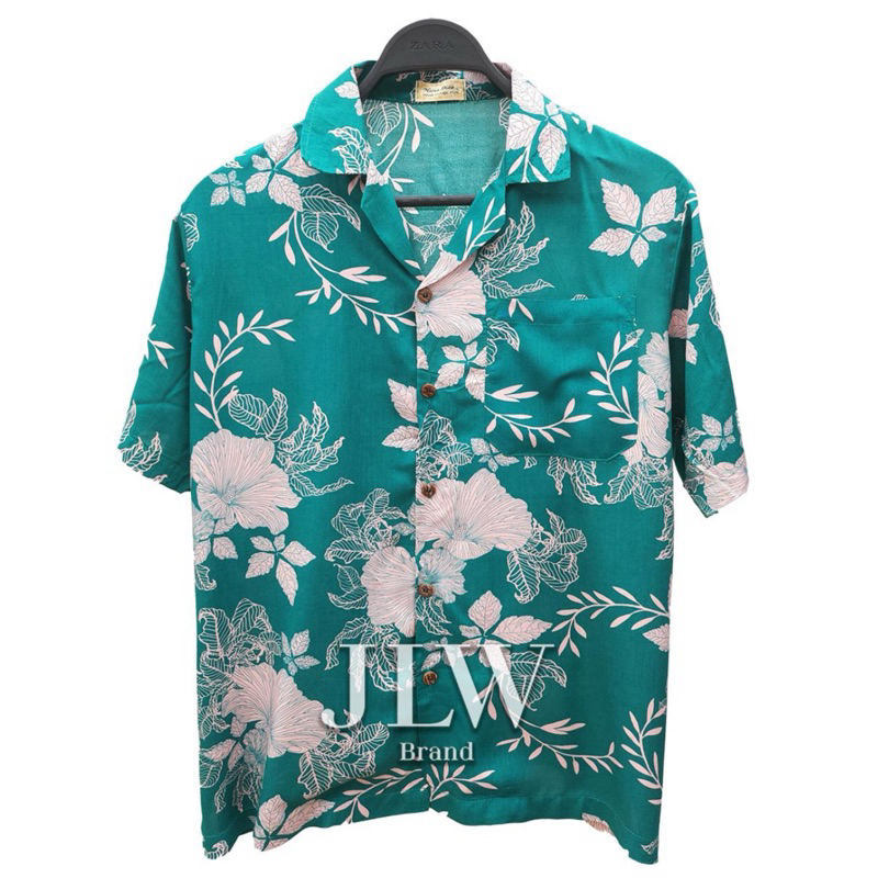 เสื้อฮาวาย ผ้านิ่ม ลายชบาดอกขาว เขียว (ดอกสีตามรูปจ้า สีครีมอมชมพู) M L XL Oversize คอฮาวาย