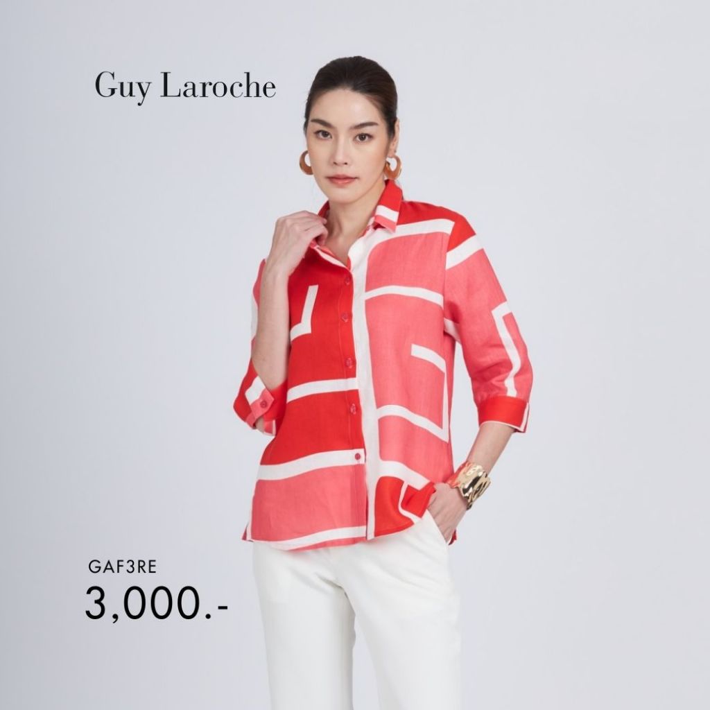 Guy Laroche เสื้อเชิ้ตผู้หญิง Light linen Red logo แขนสามส่วน สีแดง (GAF3RE)