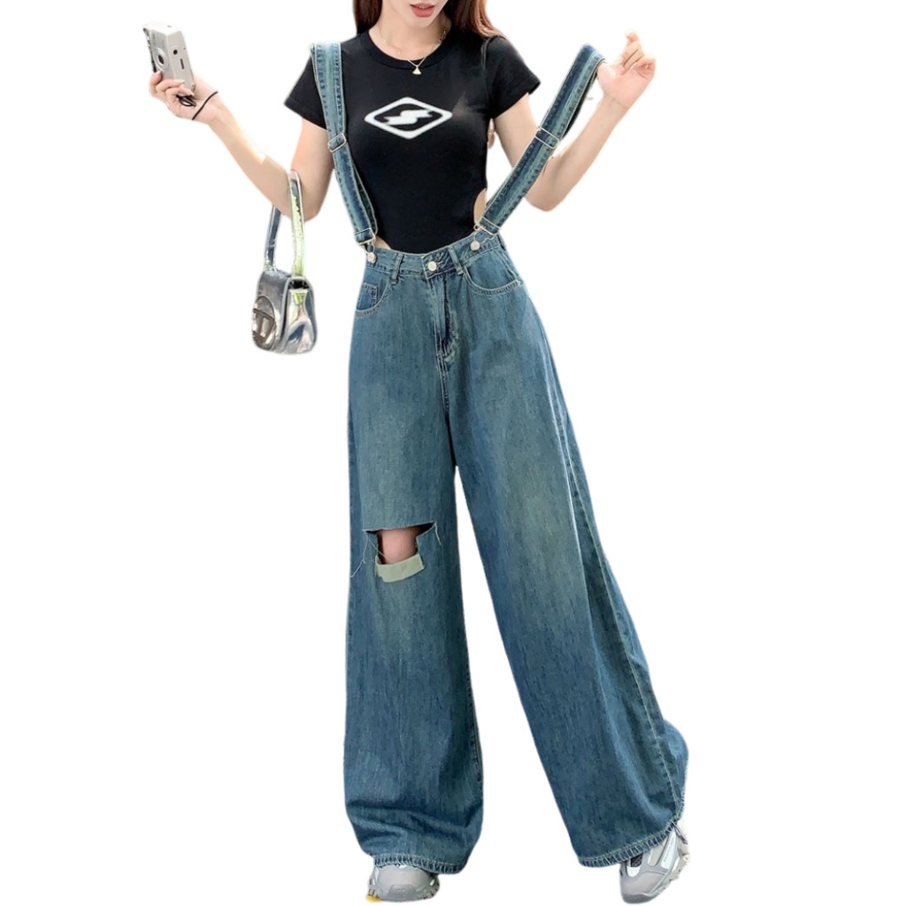 NINGFASHION กางเกงยีนส์เอี๊ยมขายาวเเต่งขาดผู้หญิง รุ่น W9712