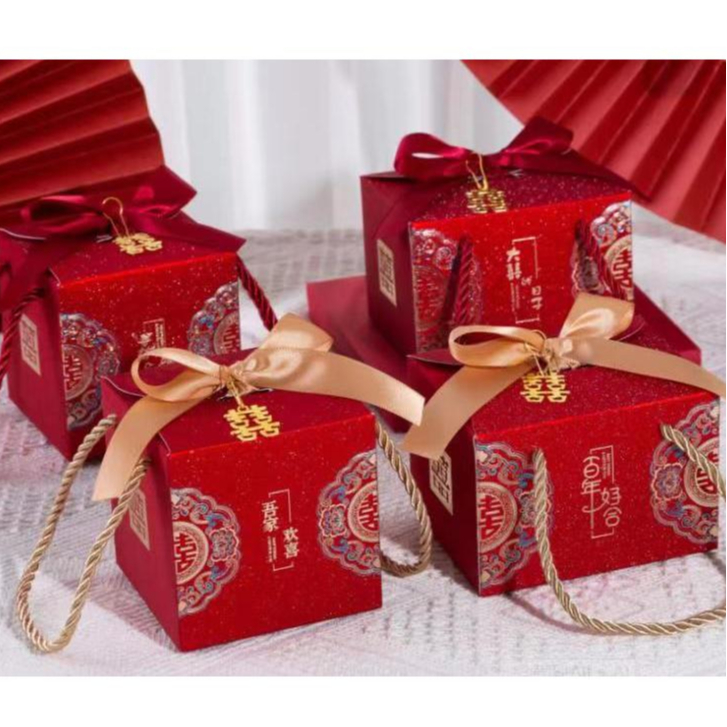 bag กล่องของขวัญ สไตล์จีน ของรับไหว้ เชือกสีทอง+โบว์ทอง ใส่candy box สินค้าพร้อมส่งค่ะ