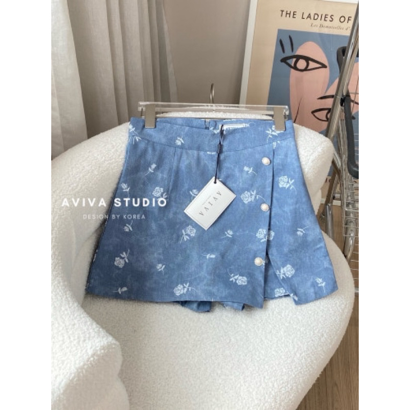 Aviva studio 💙🌹 กางเกงกระโปรงยีนส์ พิมพ์ลายกุหลาบ Size S