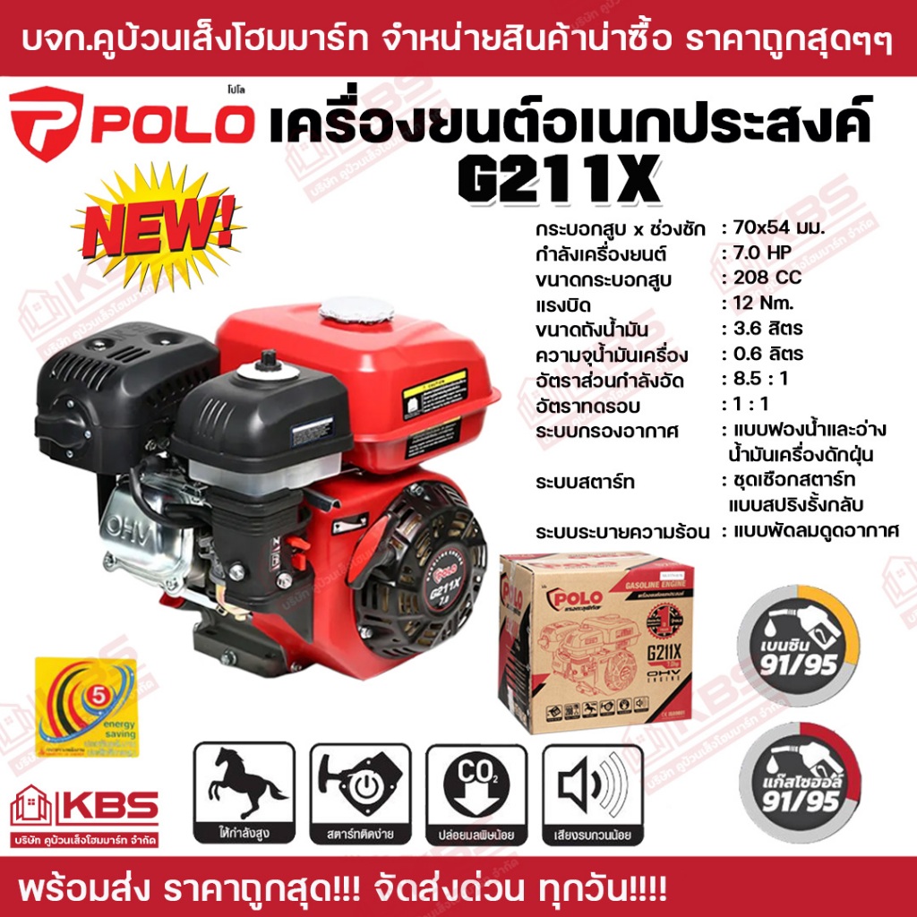 POLO เครื่องยนต์ เบนซิน 4 จังหวะ กำลังเครื่องยนต์ 7.0 แรงม้า รุ่น P131-G211X ความจุกระบอกสูบ 208 ซีซี ถังน้ำมัน 3.6 ลิตร