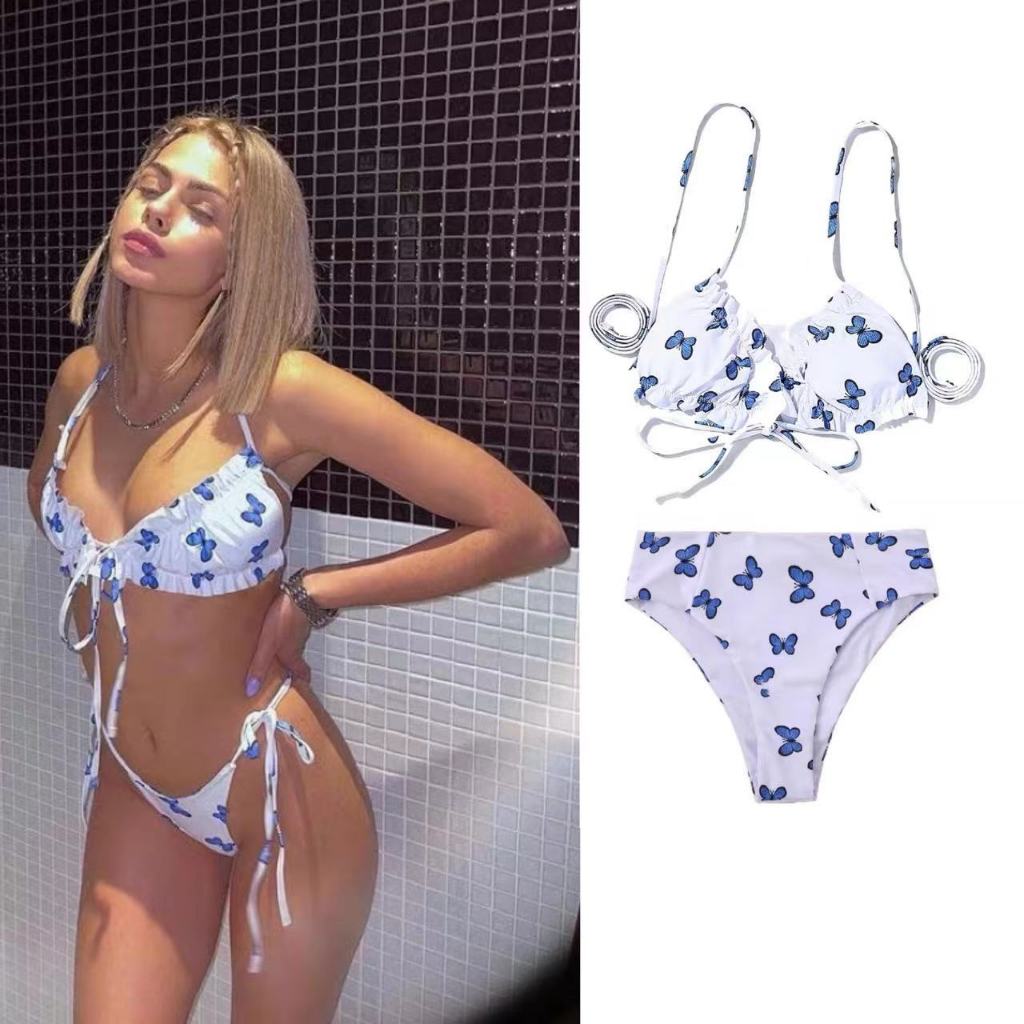 ชุดว่ายน้ำ bikini ทูพีช เซ็กซี่ เอวต่ำ ลายผีเสื้อ แฟชั่น ผ้าเนื้อดี แห้งเร็ว #0197