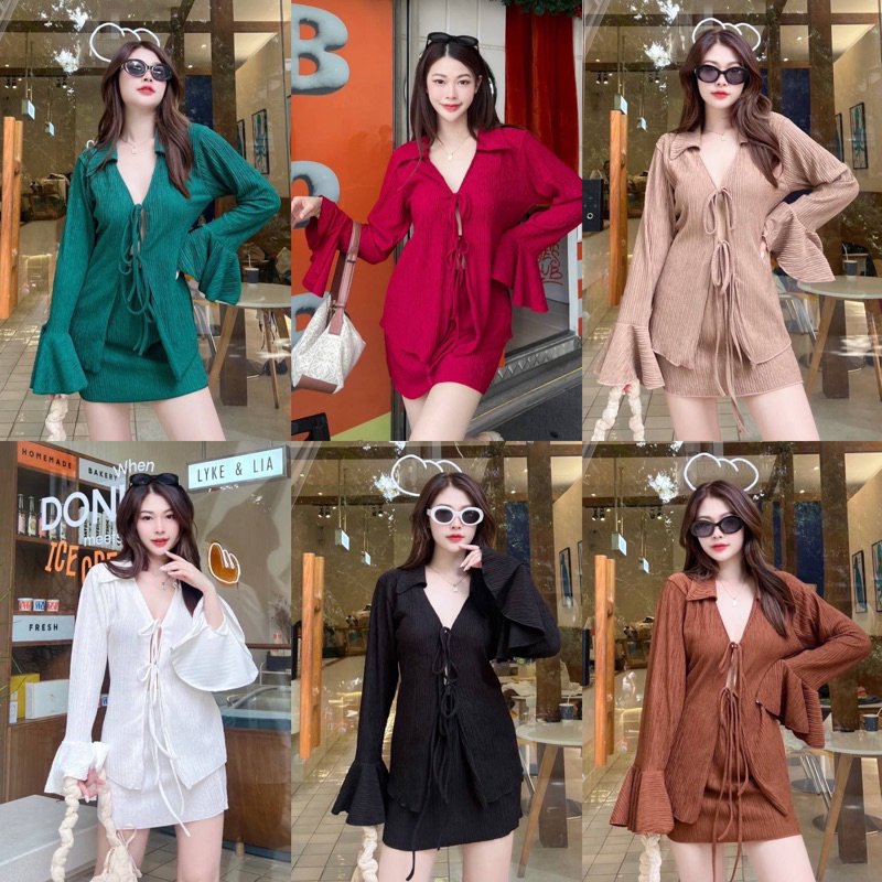Teera พร้อมส่ง TOBY SET 2ชิ้น เสื้อแขนยาวผูกอก+กระโปรงงานสวย ป้ายsheeny