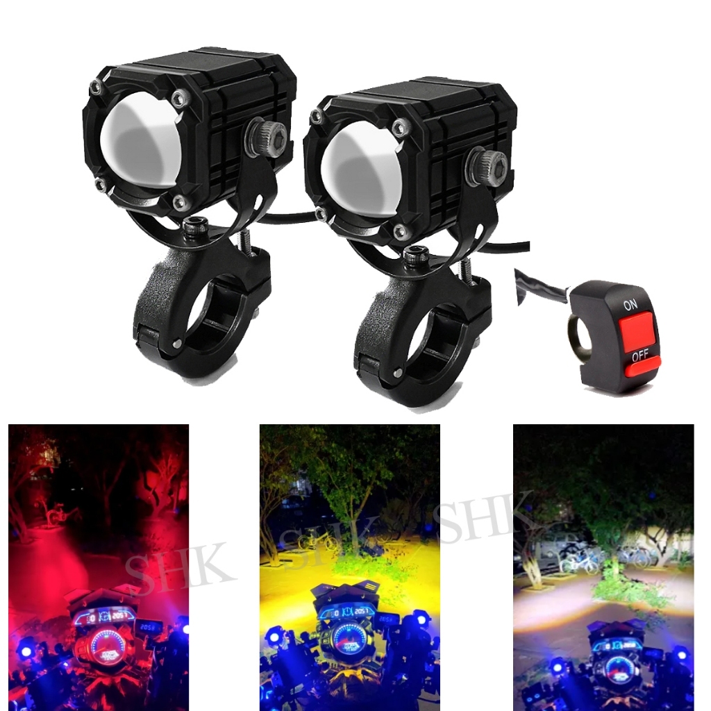 【จัดส่งฟรี】ไฟหน้ามอเตอร์ไซค์ ไฟหน้า led มอไซค์ เลนส์โปรเจคเตอร์สามสีไฟสปอต สปอร์ตไลท์ติดมอเตอร์ไซค์ อดสปอร์ตไลท์ led 24v