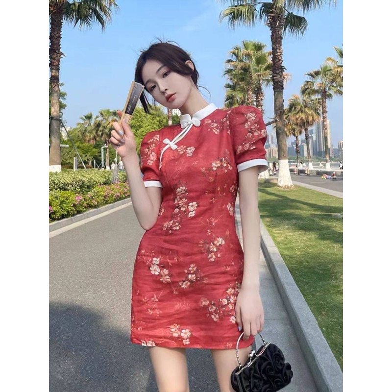 🪭สอบถามก่อนสั่งซื้อ🪭 SML:: Dress สั้น คอจีน แขนพอง ติดกระดุมช่วงคอ