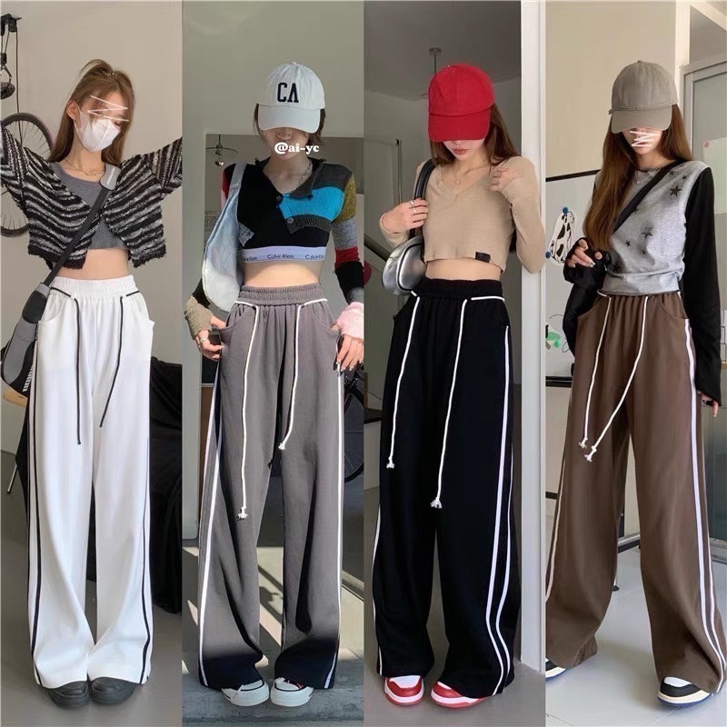 Gang_jeans #9168(K) (โค้ด GANGAPR ลด 45.-)กางเกงวอร์มทรงกระบอกขายาวแถบข้าง 2 เส้น ดีเทลแต่งเชือกหน้า ผู้หญิง พร้อมส่ง