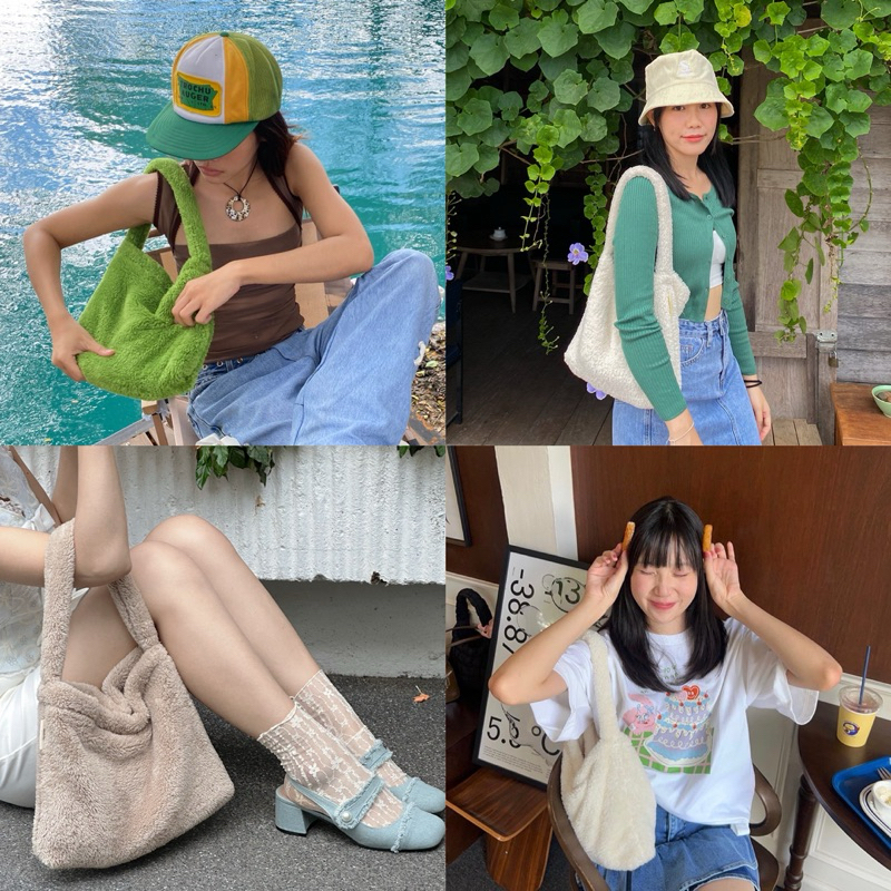 [พร้อมส่ง] Fluffy bag Size:M กระเป๋าขนนุ่ม สะพายไหล่ 13 สี งานผลิตในไทย made in Thailand ใส่ไอแพดได้ ราคา ถูกที่สุด ดีลบีเคเค แกลเลอรีภาพที่ 6