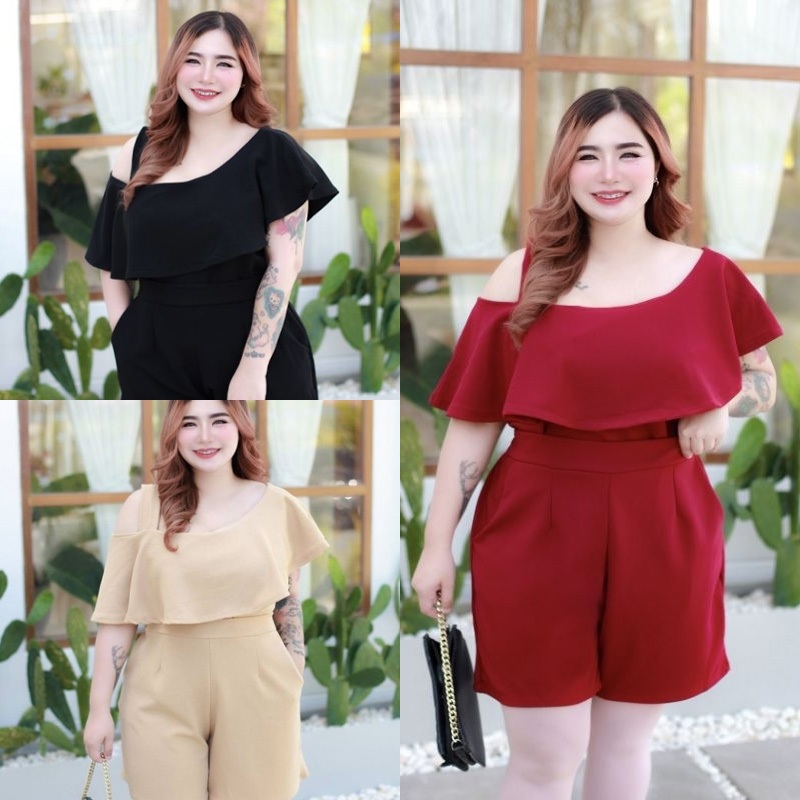 ทรงสูงปาดไหล่สาวอวบ ชุดใส่ออกงาน เซ็ตเสื้อ + กางเกงขาสั้น