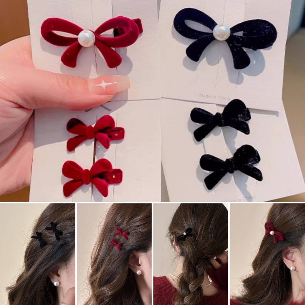 กิ๊บติดผมโบว์ผ้ากำมะหยี่ สีแดง-ดำ ขนาดเล็ก สไตล์เกาหลี งานคุณภาพดี พรีเมียม