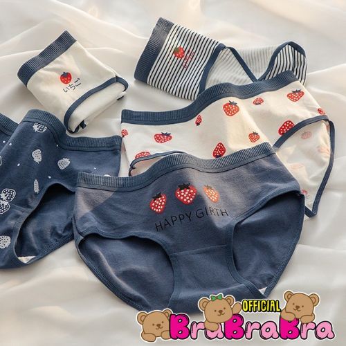 [ส่งจากไทย] 𝑩𝒓𝒂𝑩𝒓𝒂𝑩𝒓𝒂 #p-073 กางเกงใน ผ้าคอตตอน ลายสตรอเบอร์รี่ พื้นฟ้า