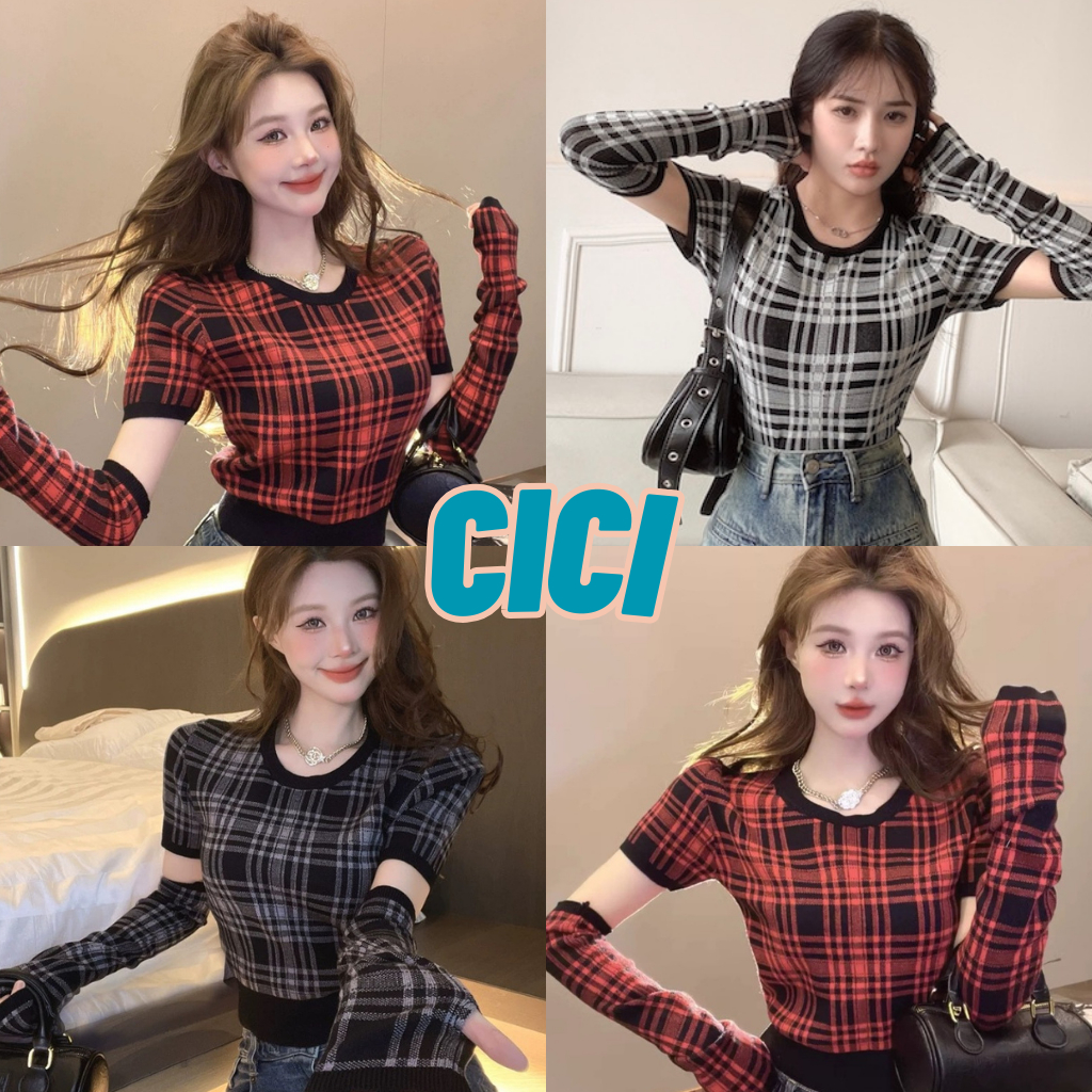 Cici(B6320) เสื้อไหมพรมแขนยาวลายตาราง ดีเทลแขนต่อ เพิ่มความน่าค้นหา สไตล์เกาหลี