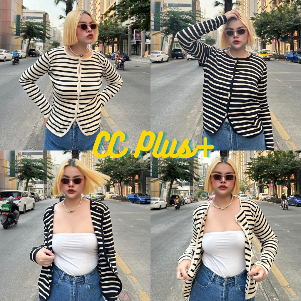 CiCi Plus+(A1862-3) เสื้อคาร์ดิแกนเเขนยาว ลายทาง กระดุมหน้า ผ้ายืดทรงสวย สไตล์ฝรั่งเศษ แบบสาวพลัสไซส์