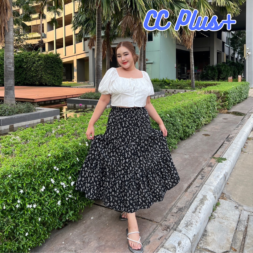 CiCi Plus+(8501) กระโปรงยาว แต่งพิมพ์ลายดอกไม้ ดีเทลเอวสม๊อก สไตล์เกาหลีเหมาะสำหรับสาวพลัสไซส์