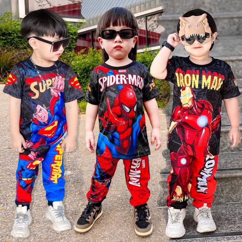 ชุดเซ็ทเด็ก เสื้อแขนสั้น+กางเกงขายาว ชุดเด็ก ลายซุปเปอร์ฮีโร่ ผ้าไมโครไฟเบอร์ ปลายขาจั๊ม