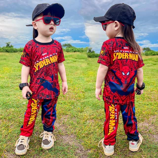 ชุดเซ็ทเด็ก เสื้อแขนสั้น+กางเกงขายาว ชุดเด็ก ลายซุปเปอร์ฮีโร่ ผ้าไมโครไฟเบอร์ ปลายขาจั๊ม
