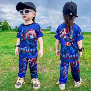 ชุดเซ็ทเด็ก เสื้อแขนสั้น+กางเกงขายาว ชุดเด็ก ลายซุปเปอร์ฮีโร่ ผ้าไมโครไฟเบอร์ ปลายขาจั๊ม