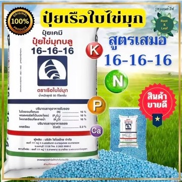 ปุ๋ยเรือใบไข่มุก สูตรเสมอ 16-16-16 เม็ดสีฟ้า บำรุงต้น ดอก ใบ เร่งการเจริญเติบโต เหมาะกับพืชผัก ผลไม้ ต้นไม้ทุกประเภท