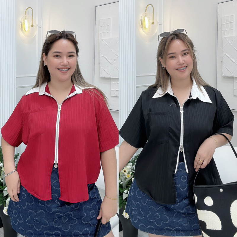 เสื้อเชิ้ตครอปซิปหน้าแขนสั้น อก38-48 ใส่สบายไม่ต้องรีด