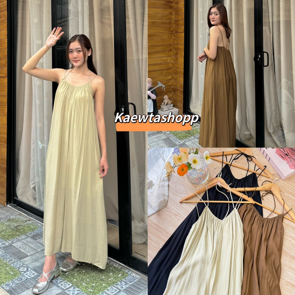 (พร้อมส่ง ครบสี) เดรสยาว สายเดี่ยว ผูกคอ ผ้าพริ้ว เว้าหลัง ไซส์ใหญ่ งานจากสินค้าจริง ทุกภาพ! kaewtashop