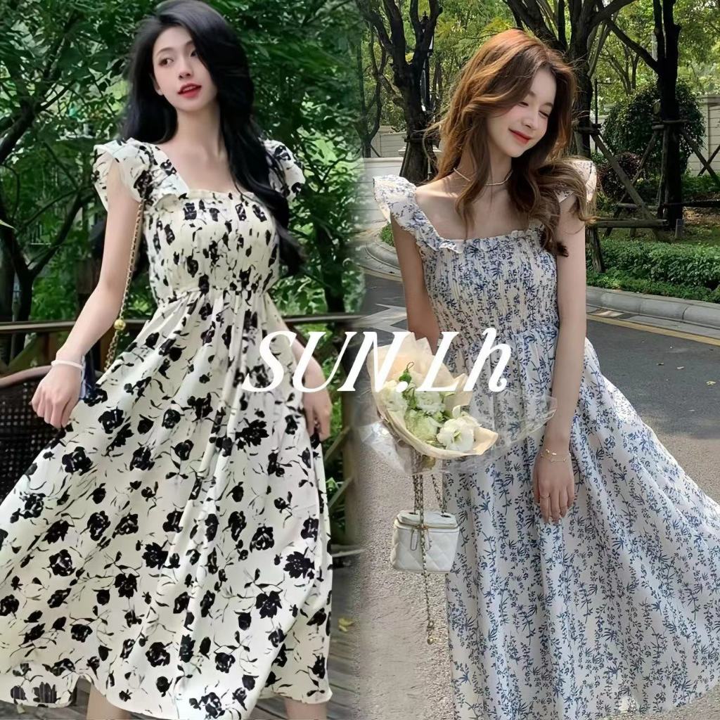SUN🛍️🛒เดรสแขนกุดลายดอกไม้เล็กสีฟ้าสำหรับผู้หญิง เดรสตัวยาวกระชับสัดส่วนเอวหวาน