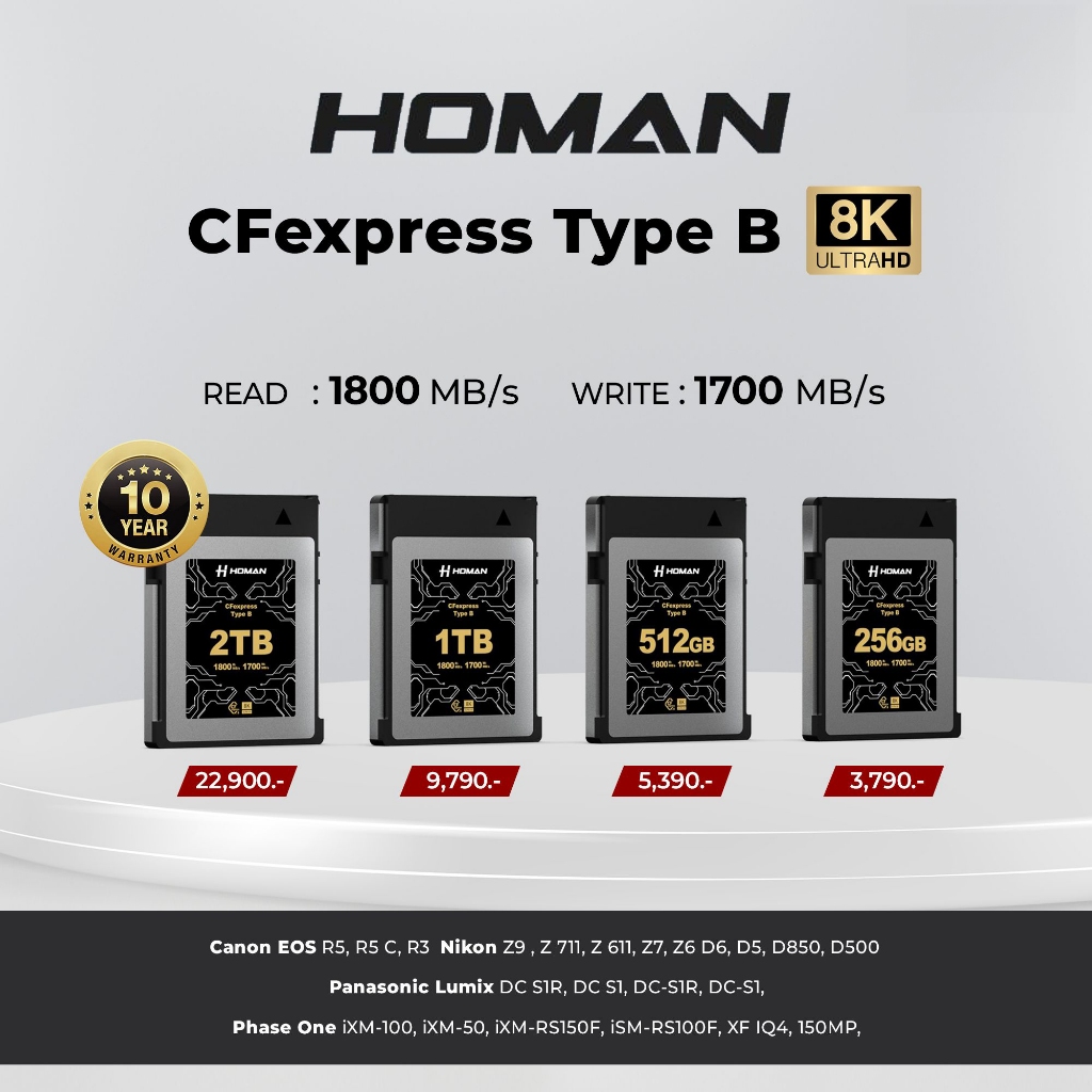 HOMAN CFexpress Card Type-B รองรับไฟล์ 8K RAW ประกันศูนย์ไทย 10 ปี