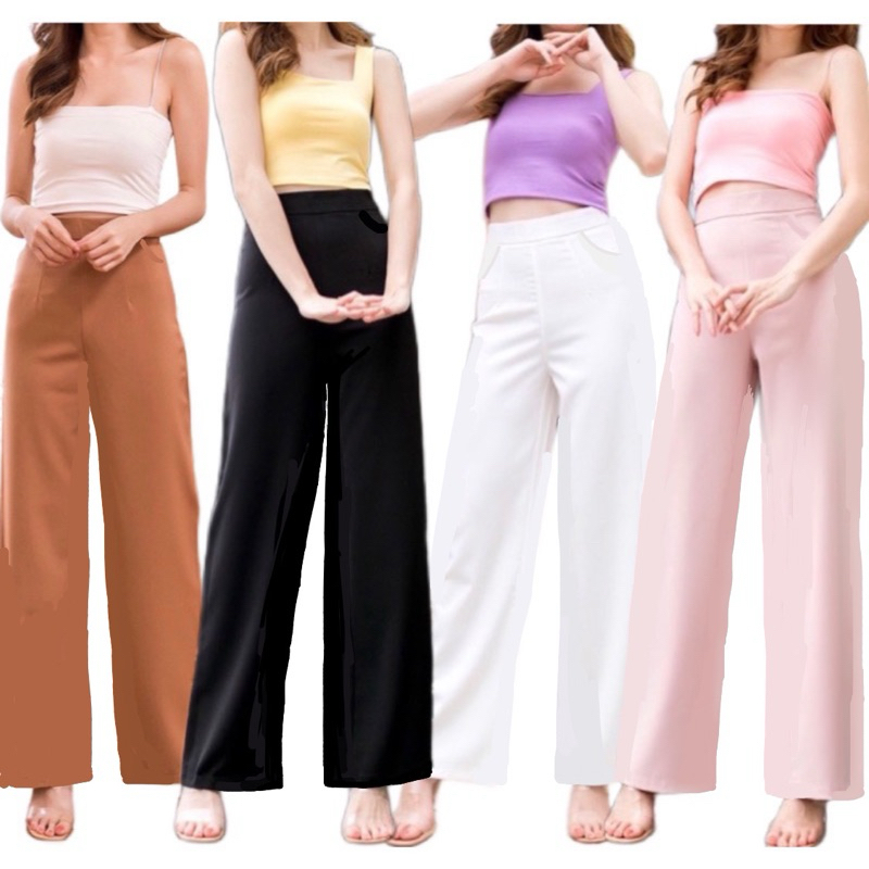 💜กางเกงเอวสูงกระบอกใหญ่มีกระเป๋า2ข้าง ซิปหลัง ผ้าสวยทิ้งตัวเก็บพุง สีดำ/น้ำตาล/ชมพู/ขาว ไซส์S-XL