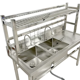 ซิงค์ล้างจานสแตนเลส เกรด304 อ่างล้างจาน 2 หลุมซ้าย 145x60x80ซม Double Bowl Kitchen Sink SK145-60-ST450SL