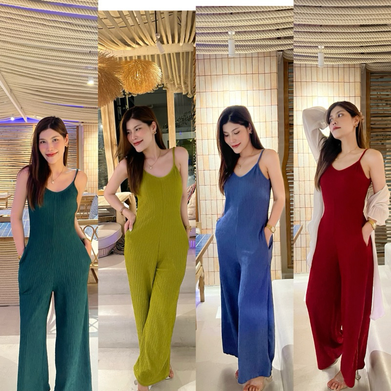 ชุดจั๊มสูทสายเดี่ยว รหัส A22 งานผ้าเปลือกไม้ สีพื้น ทรงสวย มีหลายสีให้เลือก