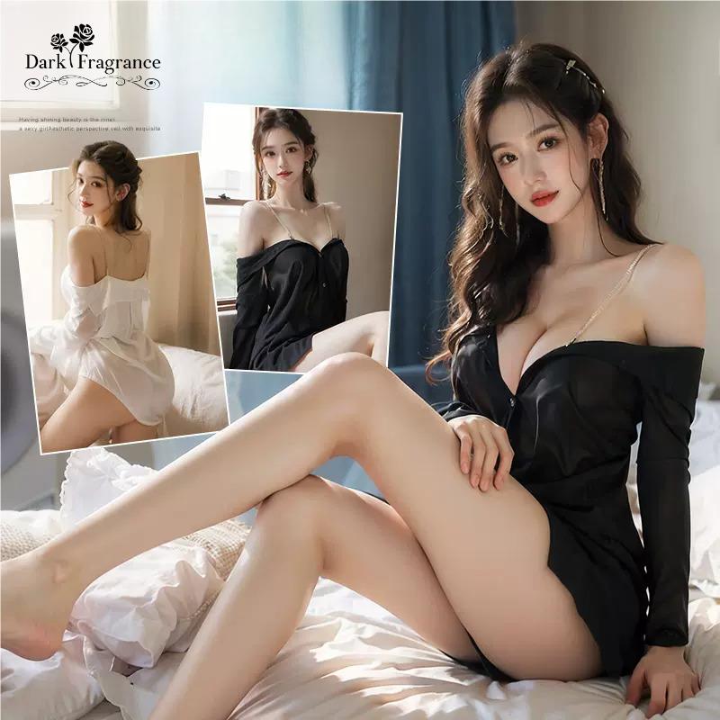 【DarkFangrance】พร้อมส่ง🚚🚚ชุดนอนซีทรูเซ็กซี่ ชุดนอนเซ็กซี่สาวอวบ🖤🤍เสื้อปาดไหล่ บาง เบา สวมใส่สบาย H91