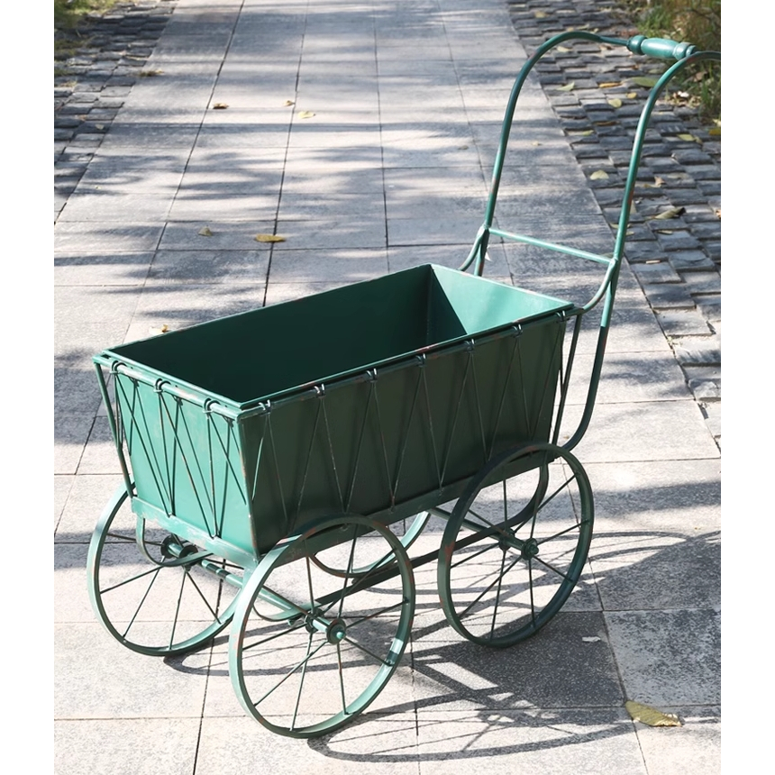 European Old Style Garden Yard Cart Old Iron Trailer Flower Stand Garden รถเข็นวินเทจ รถเข็นในสวน