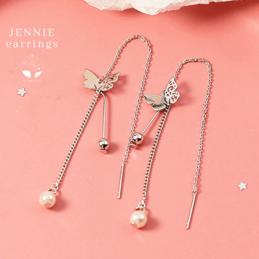 MNL💗Jennie ต่างหูผีเสื้อมุก แบบห้อย เครืองประดับเงินแท้แฟชั่น สไตล์มินิมอล ตุ้มหูแป้น จากเกาหลี