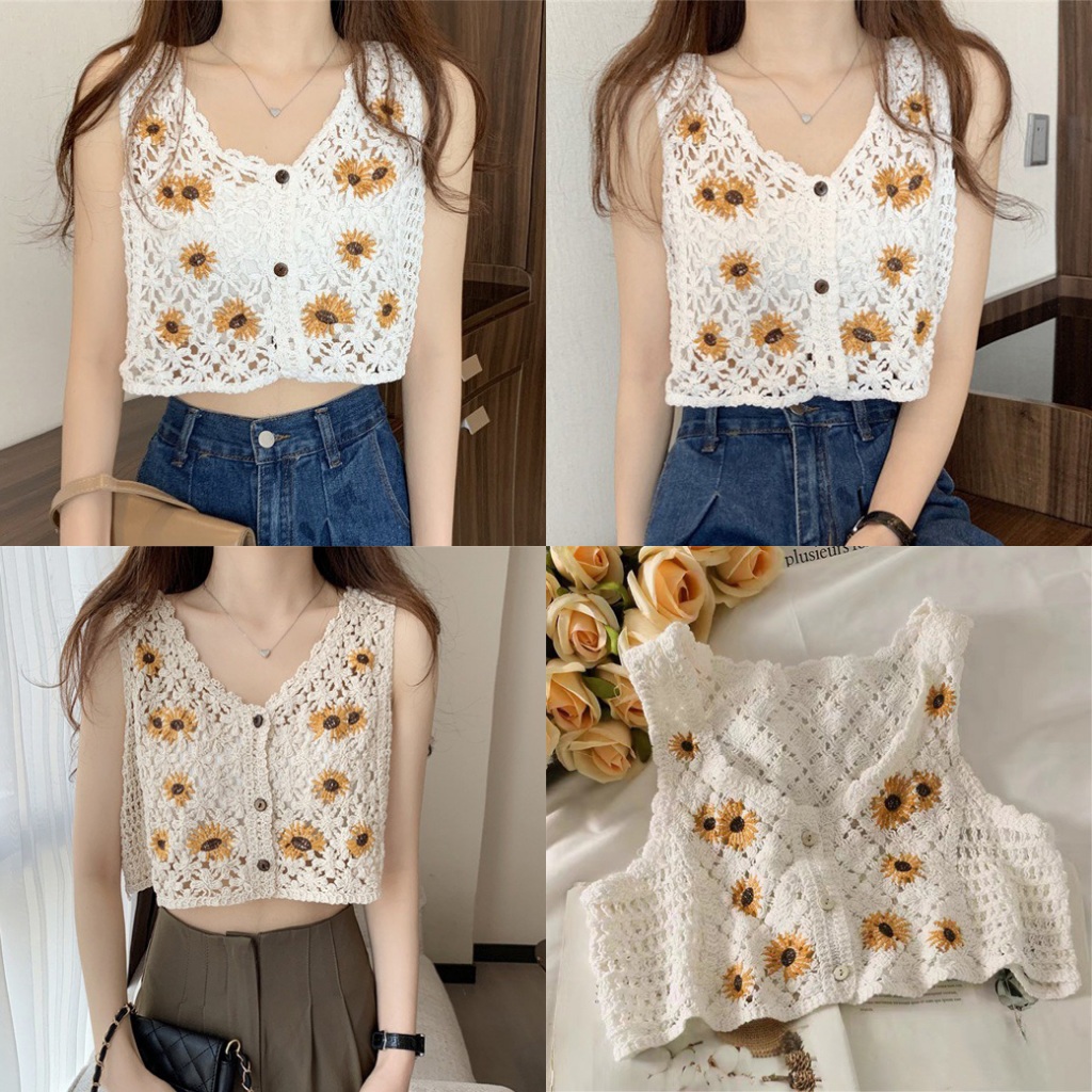 Crop Top🌻 เสื้อถักลายดอกทานตะวัน เสื้อกั๊กไหมพรมถัก คอวีแขนกุด ครอปปักลายดอกทานตะวัน🌻TA-53