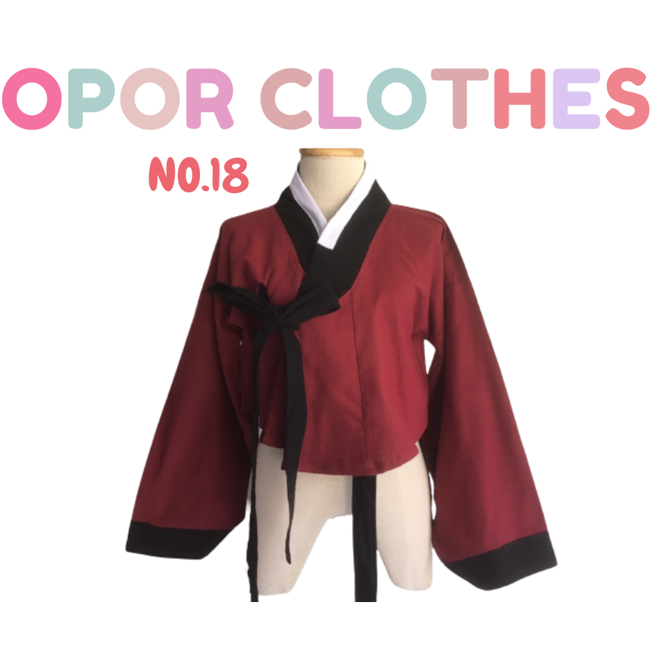 เสื้อครอปฮันบกตัวสั้นแดง-โบว์ดำ-ขอบแขนดำK-031