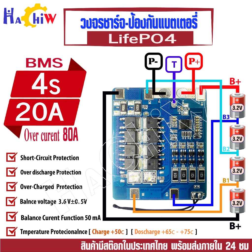 BMS 4S 20A สามารถใช้สตาร์ มอเตอร์ไซได้ วงจรชาร์จ ป้องกันแบตเตอรี่ลิเธียมฟอสเฟต Lifepo4 battery มี Active balan ในตัว