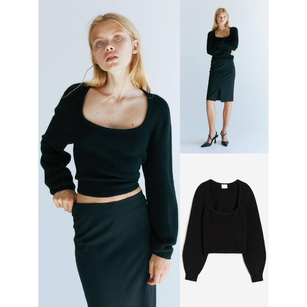 HM Rib-knit Sweater  เสื้อแขนยาว เนื้อผ้าไหมพรม ทรงคอเหลี่ยม ช่วงแขนพองๆ เนื้อผ้าไหมพรมเนื้อนิ่มมาก 