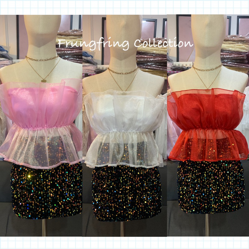 ✨พร้อมส่ง✨สาวไซส์S-Mน้า เสื้อเกาะอกฟรุ้งฟริ้ง เสื้อเกาะอกแต่งผ้าแก้วด้านหน้า