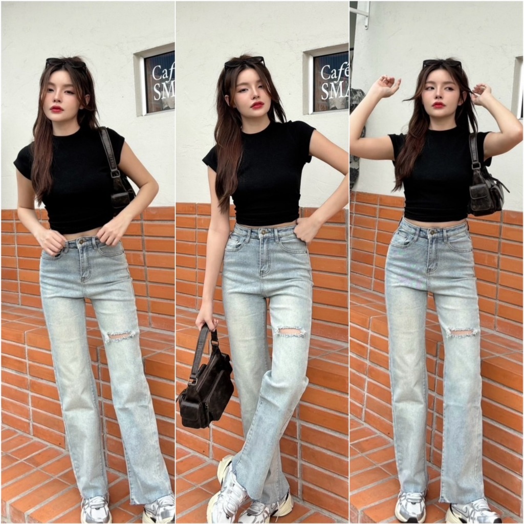 กางเกงยีนส์เอวสูงขายาวกระบอกขาใหญ่ผ้ายืด myboo 6672