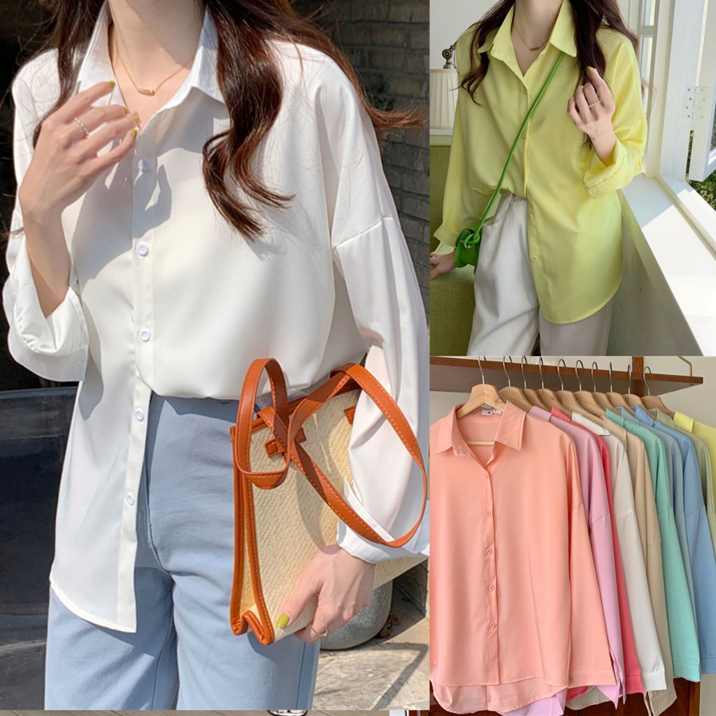 Cuties❤️ w255 เชิ้ตแขนยาวผู้หญิง คอปก สีพื้น เนื้อผ้าดีสวยใส่แมทช์ง่ายสไตล์เกาหลี 5สี