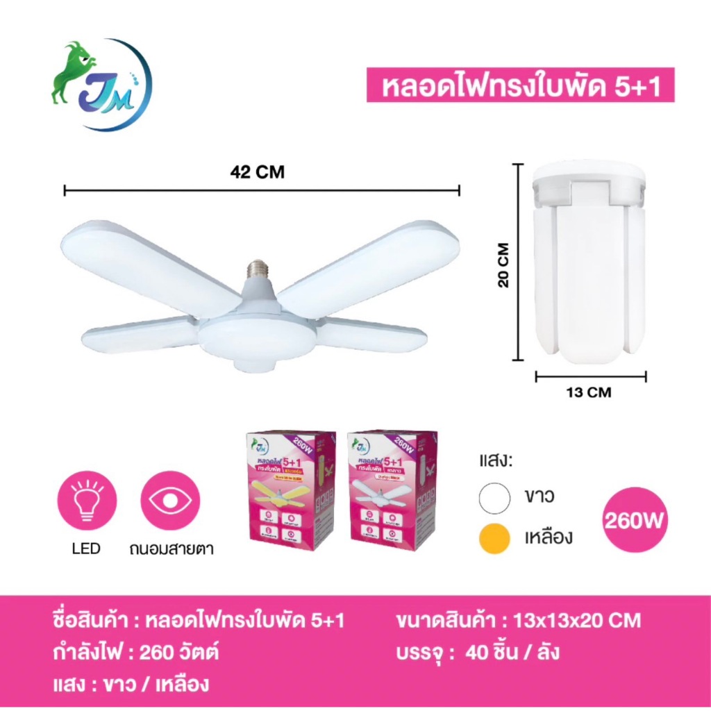 หลอดไฟ JM 5+1 260W LED หลอดไฟทรงใบพัด ปรับมุมโคมไฟได้ ประหยัดพลังงานไฟ ไฟตลาดนัด Fan Blade LED Bulb