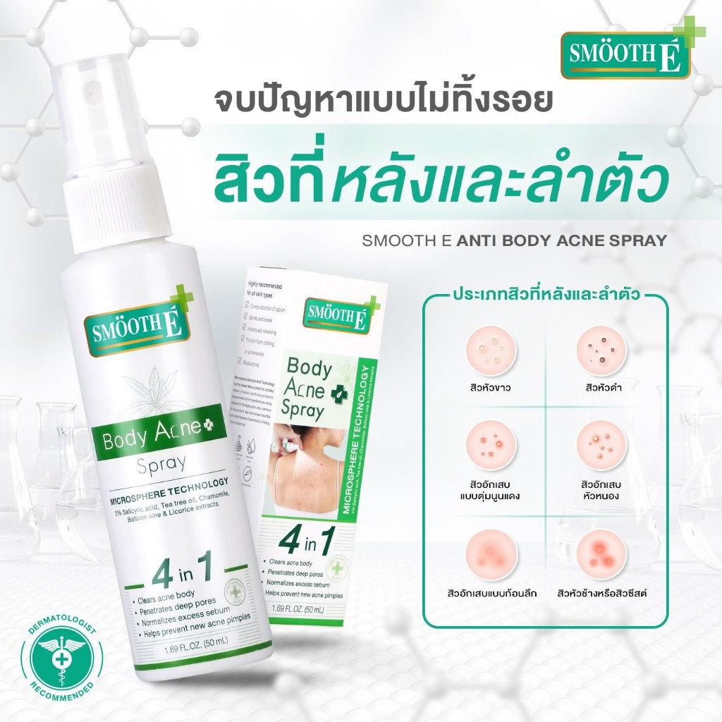 #Smooth E Anti Body Acne Spray 50 Ml.สเปรย์ฉีดสิวที่หลัง ลดสิวอักเสบ สิวอุดตัน ลดรอยดำรอยแดงจากสิว