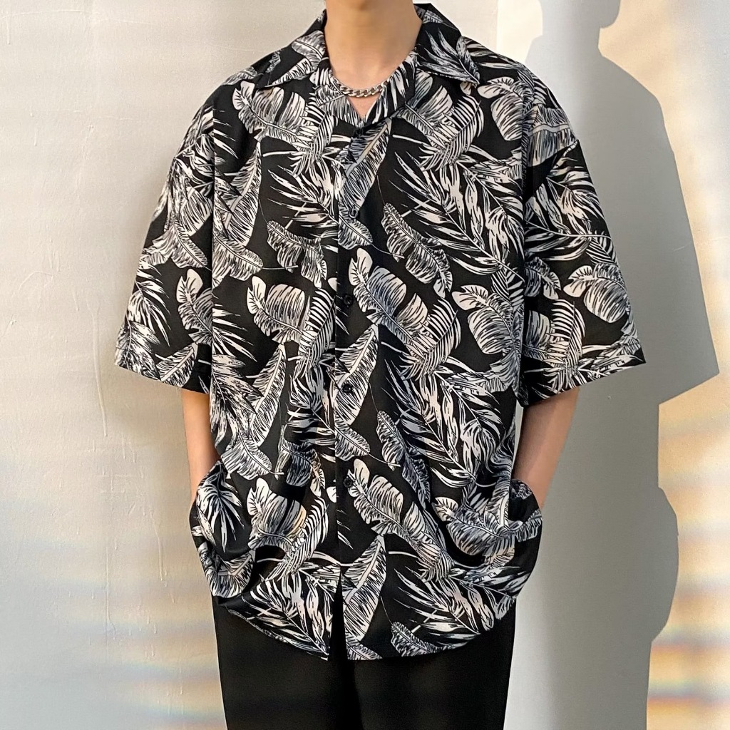 fashiongirl1688 เสื้อฮาวายเชิ้ตแขนสั้นลายพิมพ์ขนนก ผ้าโพลิเอสเตอรใส่สบาย อก43-48 ใส่ได้ทั้งชาย/หญิง