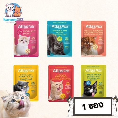 Atlas Cat Pouch Cat Food แอทลาสแคท อาหารเปียกแมว เกรดพรีเมี่ยม ทำจากเนื้อปลาแท้  6 รสชาติ (70กรัม)  