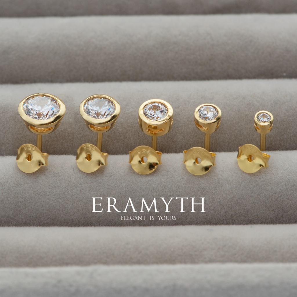 Eramyth Jewelry ต่างหู ปักก้าน เงินแท้ 92.5 ชุบทอง งานฝังหุ้มเพชรสวิส CZ เม็ดเดียว